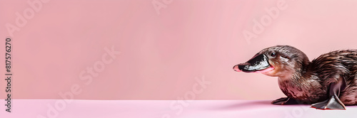 Adorable platypus web banner. Platypus isolated on pink background with copy space.