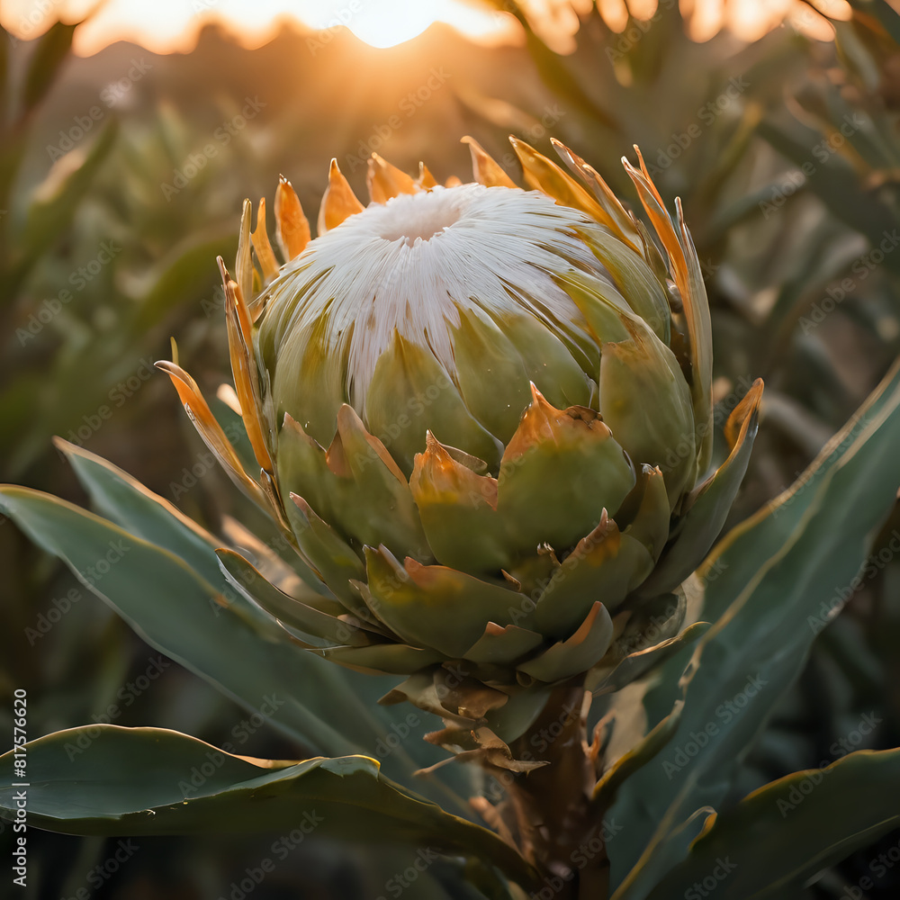 Obraz premium a white flower with a sun setting behind it