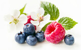 Blueberry,  raspberry with flowers on white background.