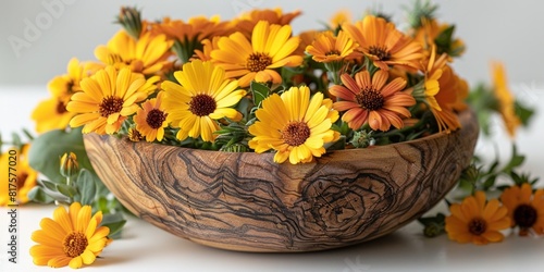 A charming composition featuring a wooden bowl full of calendula blossom.