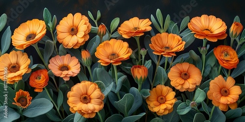 In a lush meadow  vibrant herbal calendula flowers bloom  perfect for gardening and medicinal use.