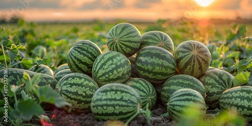 A pile of ripe, juicy watermelons offers refreshing, healthy refreshment from a summer harvest. photo