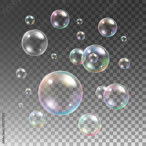 transparent multicolored soap bubbles set plaid background sphere ball design water foam aqua wash