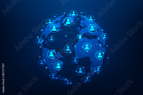 global network communication with people icon community around the world. human resource connected digital world. vector illustration fantastic design.