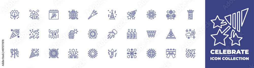 Celebrate line icon collection. Editable stroke. Vector illustration. Containing confetti, celebration, fireworks, party hat, uncork, garland, pennants, pennant, wines, party blower.