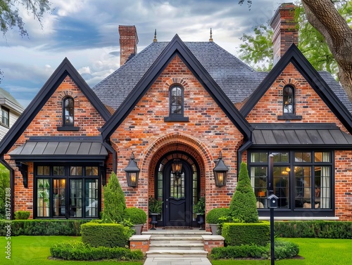 A beautiful brick house with black trim. © VISUAL BACKGROUND