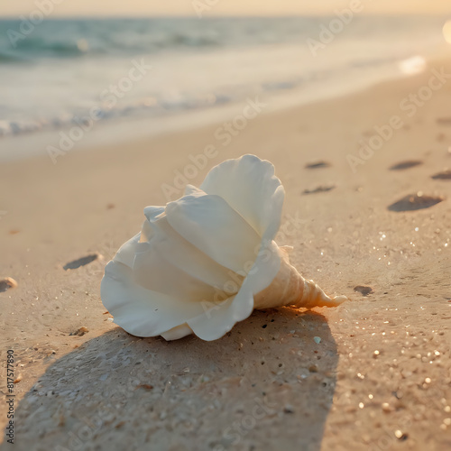 a white flower on the beach at sunset