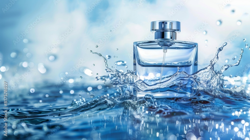3d render a transparent bottle of perfume of water on a blue background 3d render a transparent bottle of perfume of water on a blue background