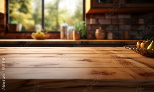 Wooden table in front of a mountain landscape. View from the window.