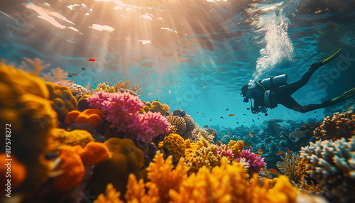 A diver exploring a vibrant coral reef close up, marine life, vibrant, overlay, ocean backdrop photo