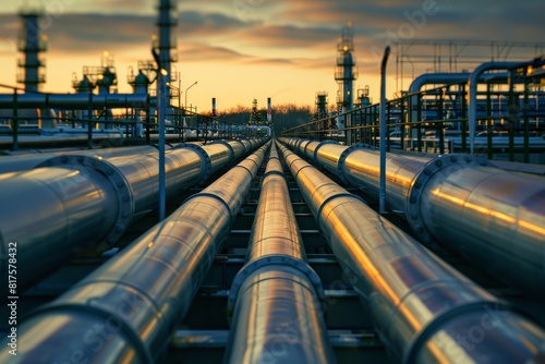 High-angle view of a large group of pipes in a vast industrial area, showcasing the complexity of the refinery sector