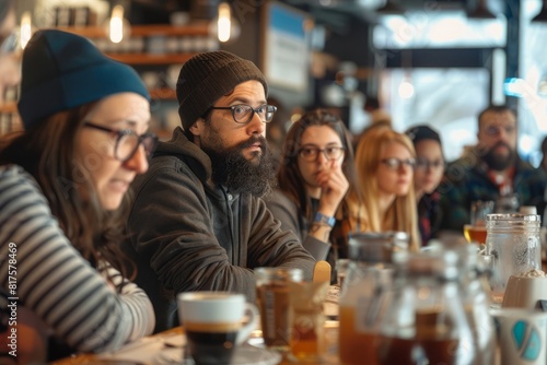 People seated around a table in a restaurant  engaged in a coffee educational seminar