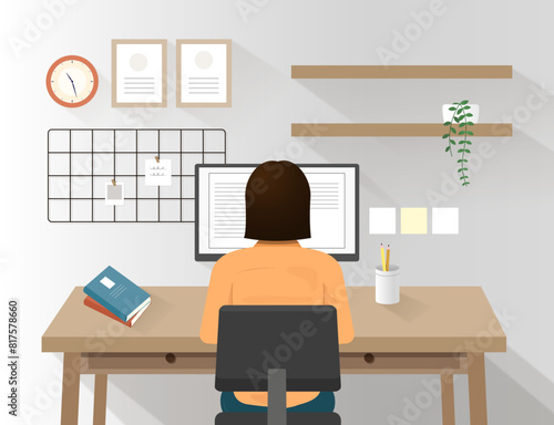 책상에 앉아있는 사람 뒷모습(책상+방+인테리어+뒷모습)