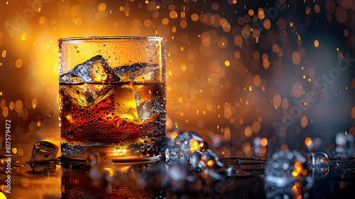 Ultra-detailed photograph of a glass of whiskey, ice cubes, condensation on the glass, warm lighting, high contrast, rich amber tones