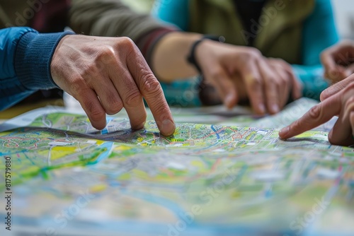 Closeup of participants hands pointing at a detailed map on a table during urban planning