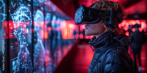 Woman Wearing VR Headset in Front of Large Screen