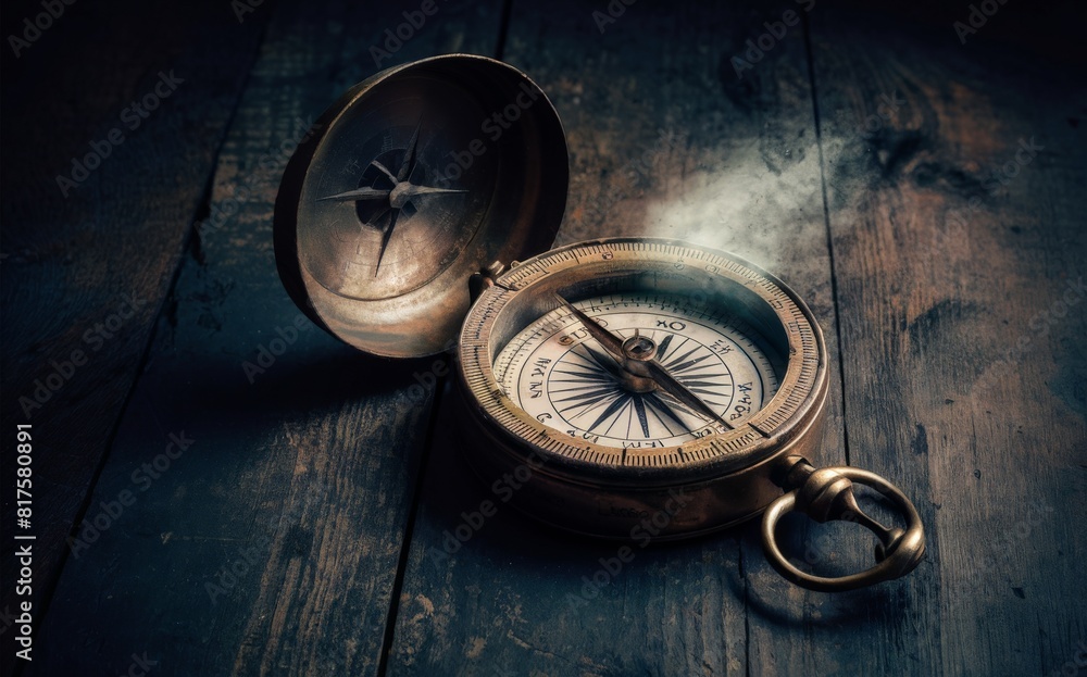 Antique Brass Compass on Rustic Wooden Surface Antique Brass Compass on Rustic Wooden Surface
