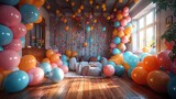 An overhead view of a birthday party, with balloons of various shapes and sizes adorning every corner, infusing the space with merriment