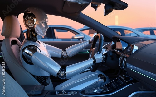 Sleek Humanoid Robot Driving a Car in Futuristic Autonomous Vehicle