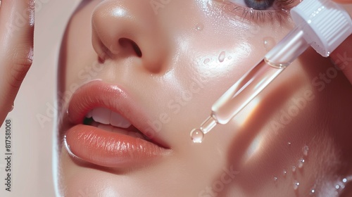 A detailed close-up of a woman applying a hydrating facial serum to her glossy skin  highlighting her fresh and dewy complexion. 