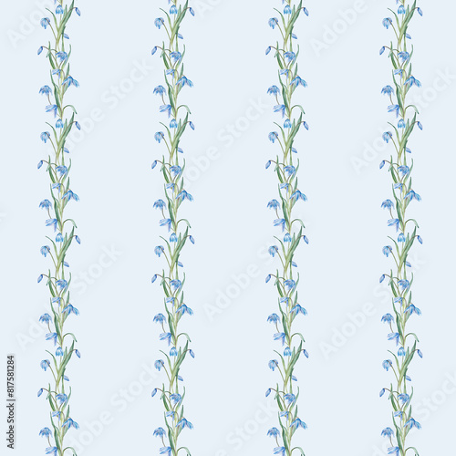 Seamless pattern of the light blue first spring flowers. Watercolor botanical illustration of delicate lilac flowers. Three scillas hand drawn isolated on white background. Banner with little bouquet.