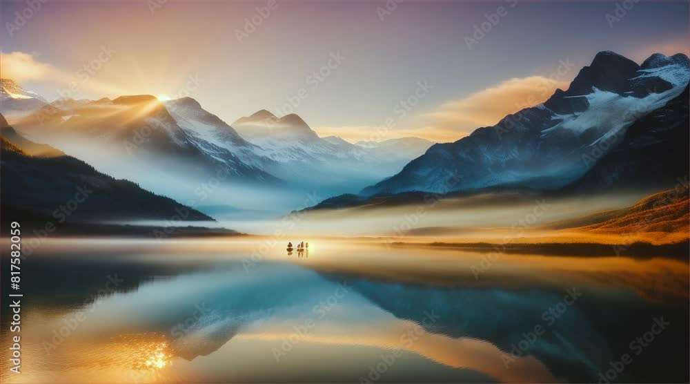 Beautiful landscape of majestic mountains, lake, lush green valley with trees and colorful grass, snow-capped peaks in the background. Beautiful landscape of majestic mountains, lake, lush green valley with trees and colorful grass, snow-capped peaks in the background.