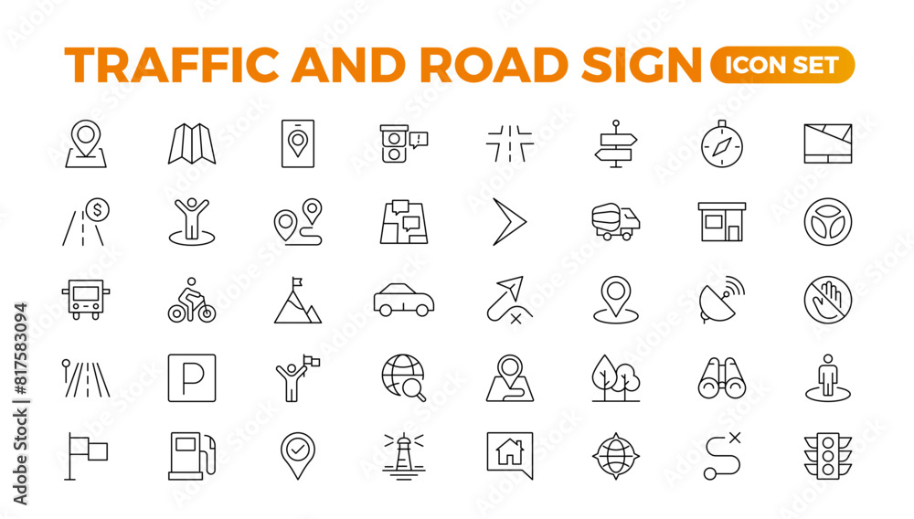 Road and traffic line icons collection. Street, transport, fuel, vehicle, location, car service icons. UI icon set. Thin outline pack. Way direction arrow sign. Roadsigns. Outline icon collection. Road and traffic line icons collection. Street, transport, fuel, vehicle, location, car service icons. UI icon set. Thin outline pack. Way direction arrow sign. Roadsigns. Outline icon collection.