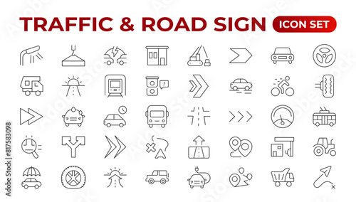 Road and traffic line icons collection. Street, transport, fuel, vehicle, location, car service icons. UI icon set. Thin outline pack. Way direction arrow sign. Roadsigns. Outline icon collection.