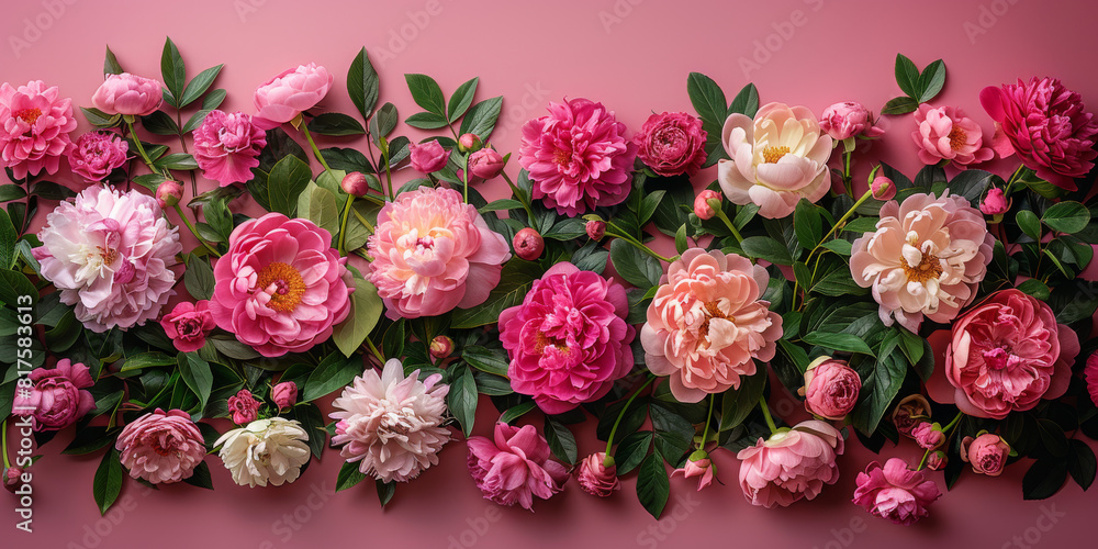 Peonies roses on pink background