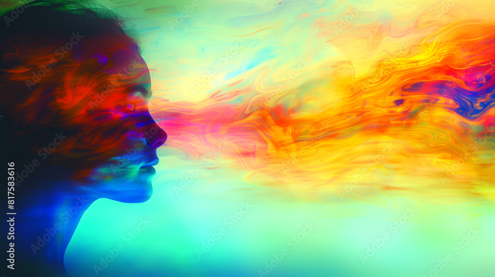 A woman's face is shown in a painting with a colorful background A woman's face is shown in a painting with a colorful background
