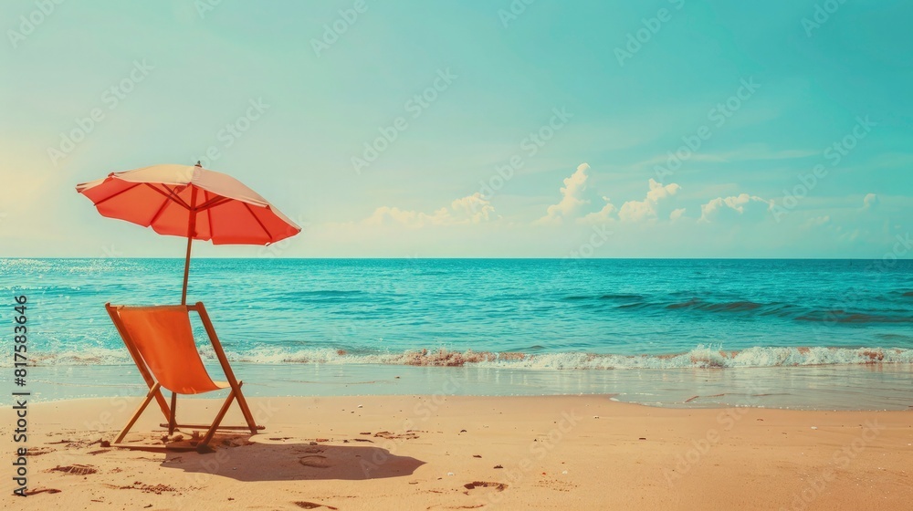 summer beach vacation concept with deck chair and umbrella on the sand background image  with copy space