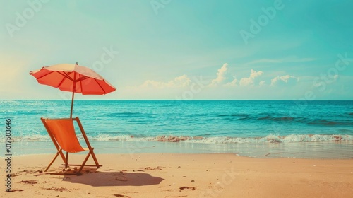 summer beach vacation concept with deck chair and umbrella on the sand background image with copy space