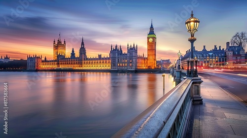 View over the River Thames towards the Palace of Westminster at sunrise, London, England, United Kingdom  photo