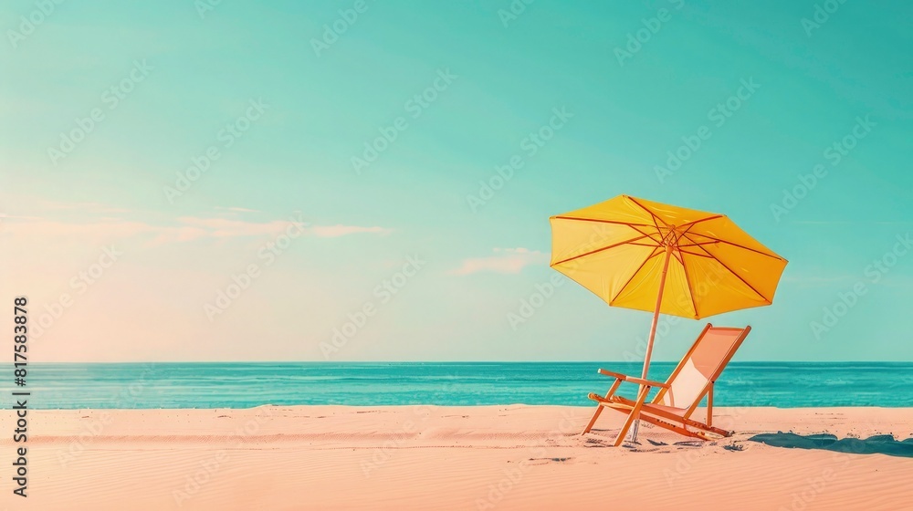 summer beach vacation concept with deck chair and umbrella on the sand background image  with copy space