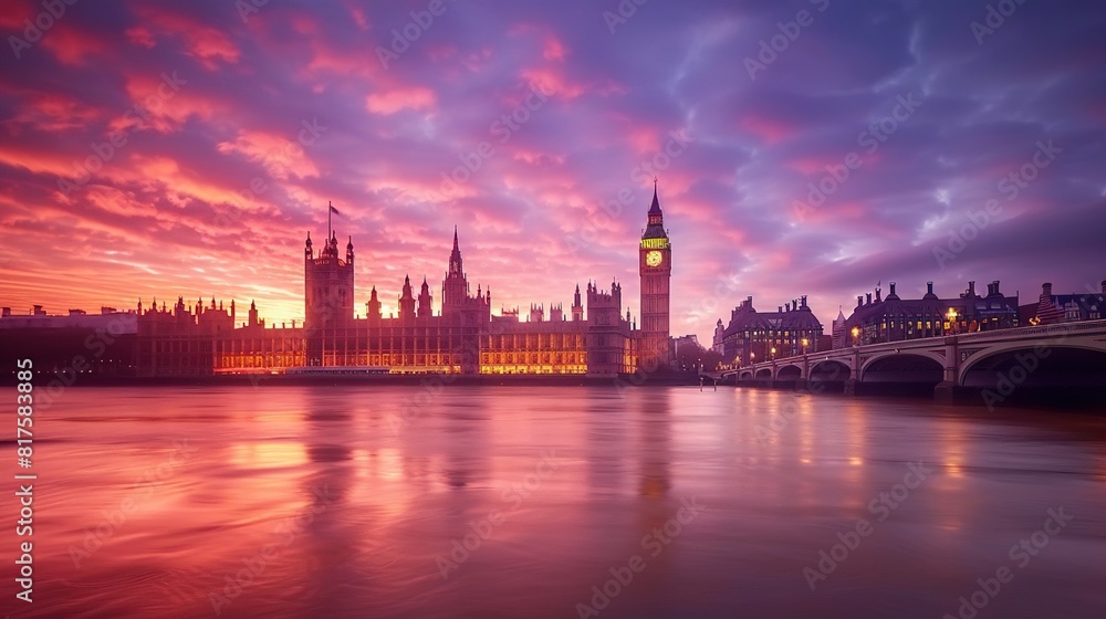 View over the River Thames towards the Palace of Westminster at sunrise, London, England, United Kingdom 