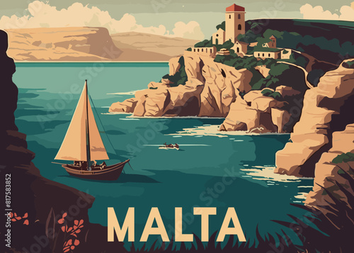 Malta Travel Postcard Flat Color Vector in Vintage Style photo