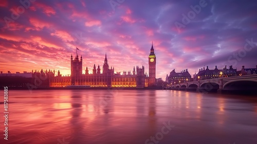 View over the River Thames towards the Palace of Westminster at sunrise  London  England  United Kingdom 