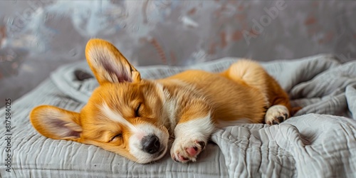 A small brown and white puppy sleeping on a blanket. © VISUAL BACKGROUND