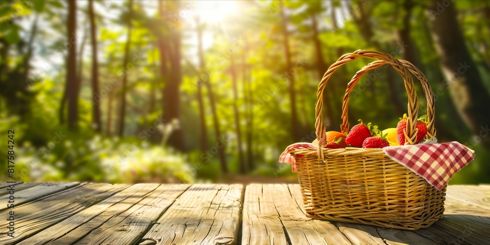 Picnic basket with strawberries on wooden table in the forest. Picnic basket with strawberries on wooden table in the forest.