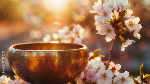 Serene singing bowl with cherry blossoms, highlighted by the warm glow of sunset, close-up designed for tranquil meditation advertising photo