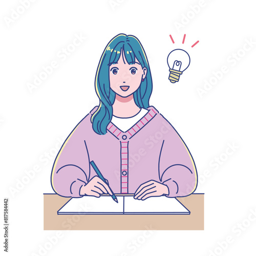 机で勉強するアニメ風の女子学生