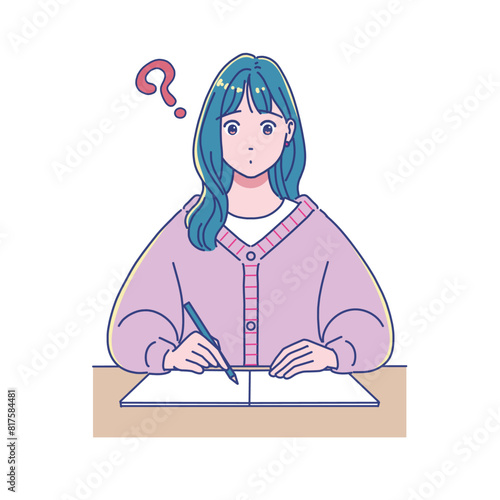 机で勉強するアニメ風の女子学生