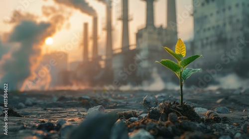 Powerful image of a lone green plant thriving amidst the harsh emissions from industrial chimneys, representing resilience and sustainability photo