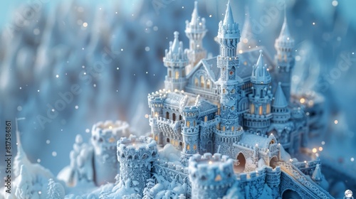 Magical close-up of a castle enveloped in snow, set in a winter fantasy land, highlighting its enchanting and snowy exterior photo