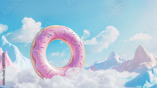 Surreal Pink Donut Floating Among Clouds in a Dreamy Sky