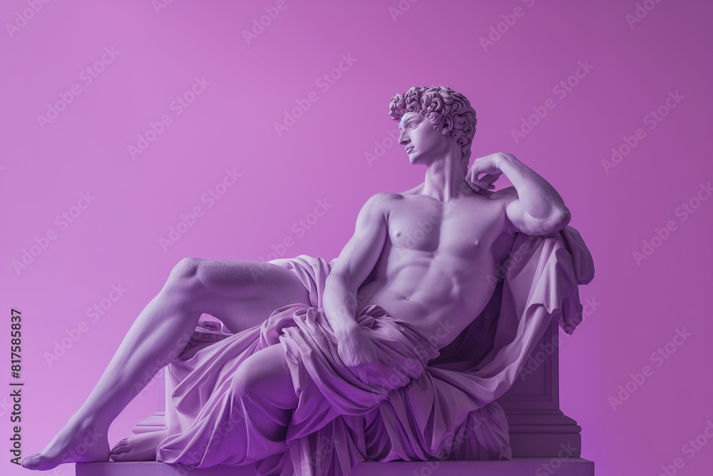 3d rendering of ancient  greek -roman  statue art  figure posture  . Creative concept colorful neon image with bright and violet or purple color background, fashionable, trendy ,isolated background