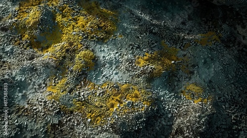texture, dirt, dark rocks, dark green and gold moss, wide angle lens --ar 16:9 --style raw --weird 900 © Shamsiyya