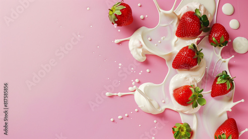 Fresh Strawberries in Cream Splash on Pink Background