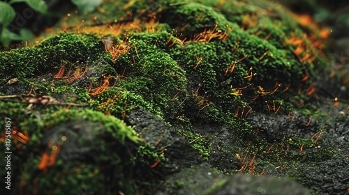 texture, dirt, dark rocks, dark green and gold moss, wide angle lens --ar 16:9 --style raw --weird 900