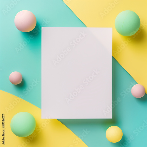 Blank White Paper on Colorful Geometric Background with Pastel Spheres